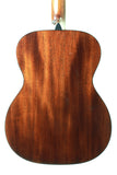 Back view of a wooden acoustic guitar on a white background