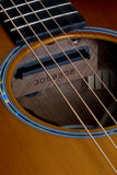 Close-up of a guitar's soundhole with visible serial number